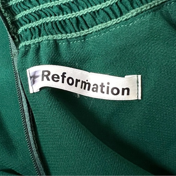 REFORMATION Emerald Crepe Long Puffed Bell Sleeve Ruffled High Neck Mini Dress 2 - Picture 6 of 8